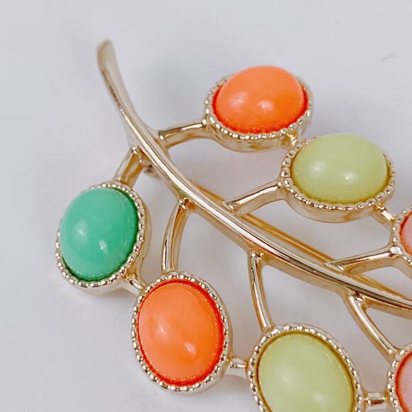 VTG Signed Sarah Coventry Leaf Brooch Pastel Cabochon 1960s Colorful Whimsical - Picture 6 of 11